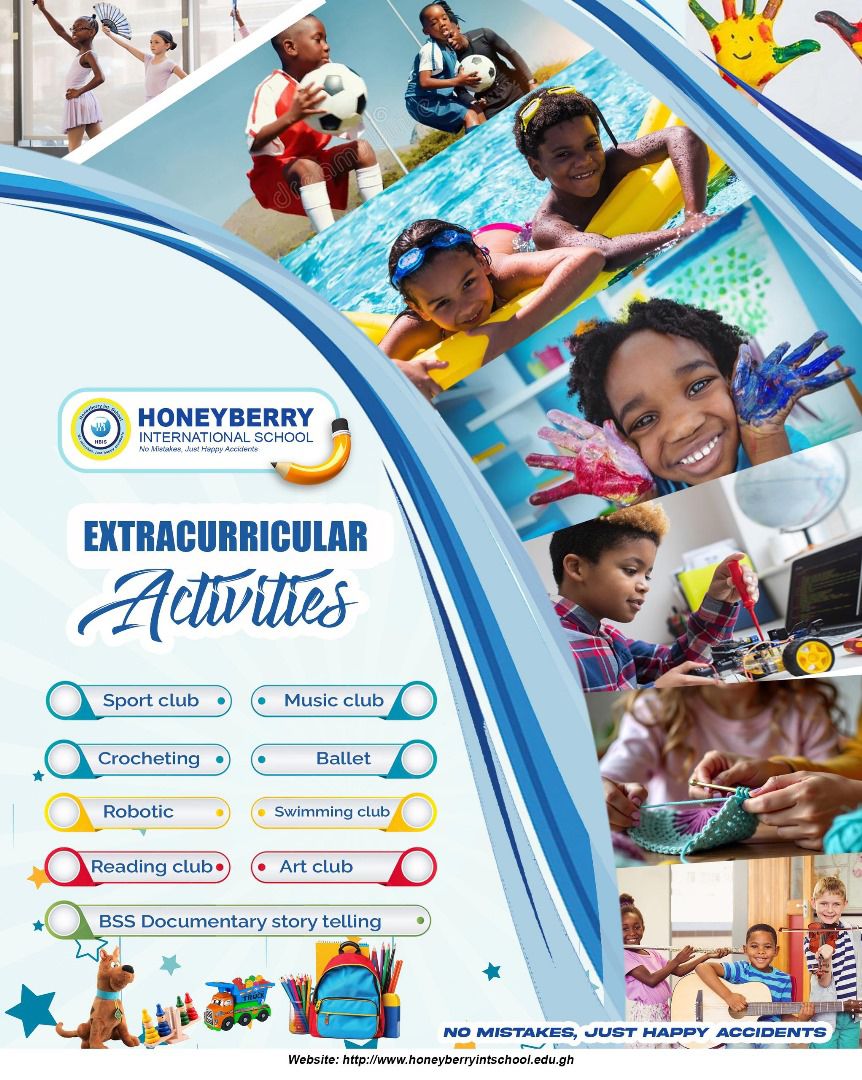 HoneyBerry International School extracurricular activities poster showing sports, music, crocheting, robotics, reading, ballet, swimming, art, and storytelling activities